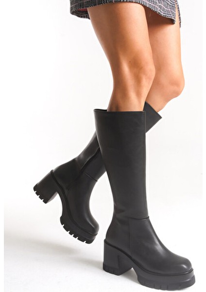 Kadın Siyah Kalın Taban Yuvarlak Burun Platform Topuklu Deri Görünümlü Fermuarlı Uzun Çizme fiyatları