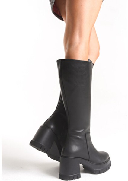 Kadın Siyah Kalın Taban Yuvarlak Burun Platform Topuklu Deri Görünümlü Fermuarlı Uzun Çizme fırsatları