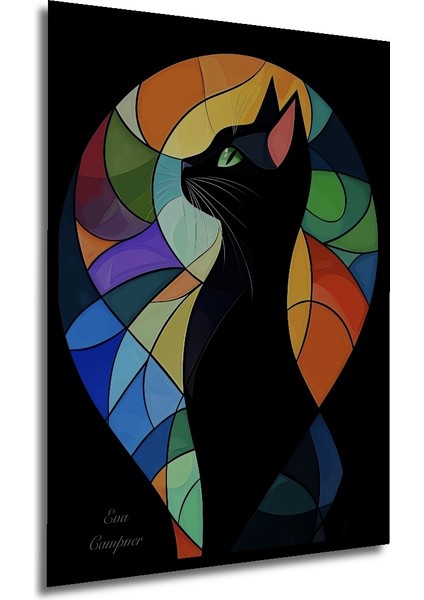 Siyah Kedi Soyut Sanat Yağlı Boya Görünümlü Ahşap Dekoratif Tablo Dikdörtgen Tablo