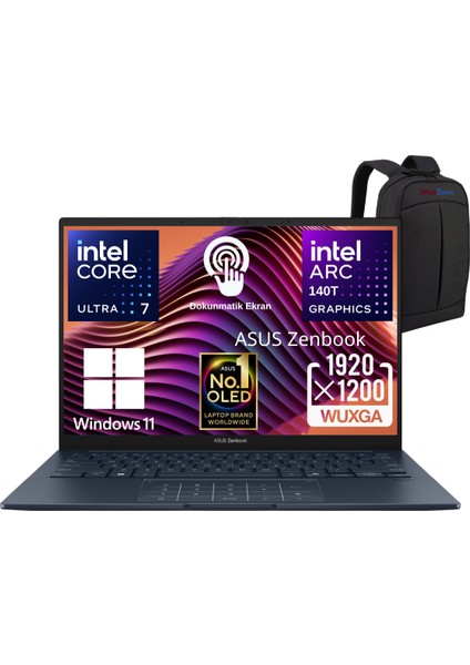 Zenbook 14 UX3405CA-QL286W Intel Core Ultra 7 255H 16GB 1tb SSD 14" OLED (Dokunmatik Ekran) Widows 11 Home Taşınabilir Bilgisayar - Webzone Çanta Wz2