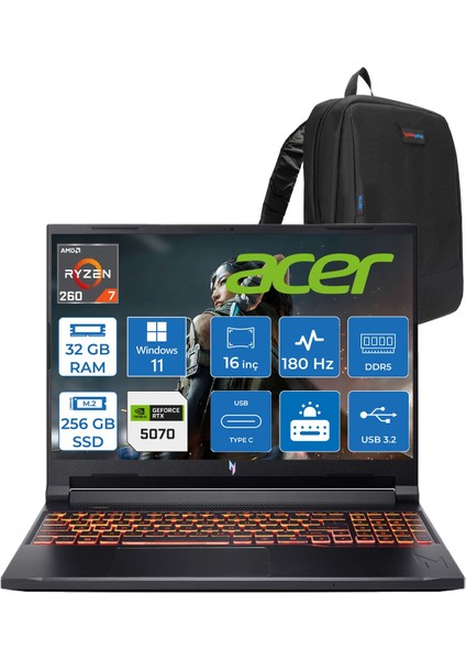 Nitro V 16S Aı Amd Ryzen™ 7 260 32GB Ddr5 256GB SSD 8GB/RTX5070 95W 16"qhd+ 2560X1600 180Hz IPS WIN11HOME Gaming Bilgisayar. NHQYYEY001H06+ZETTAÇANTA