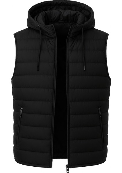 Erkek Standart Fit Çıkarılır Kapüşonlu Cepli Fermuarlı Şişme Yelek