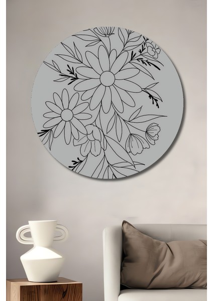 Papatyalar ve Yapraklar Kara Kalem Görünümlü Ahşap Dekoratif Tablo Yuvarlak Tablo
