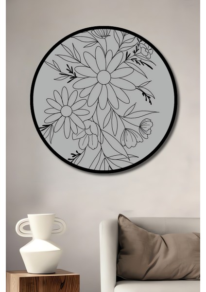 Papatyalar ve Yapraklar Kara Kalem Görünümlü Ahşap Dekoratif Tablo Yuvarlak Tablo fiyatları