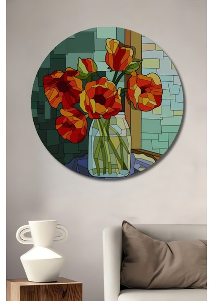 Kırmızı Lale Çiçekleri Ahşap Dekoratif Tablo Sulu Boya Görünümlü Sanat Eseri Yuvarlak Tablo