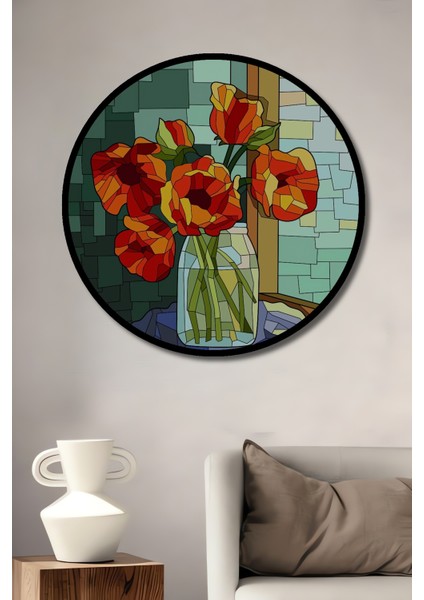 Kırmızı Lale Çiçekleri Ahşap Dekoratif Tablo Sulu Boya Görünümlü Sanat Eseri Yuvarlak Tablo fiyatları