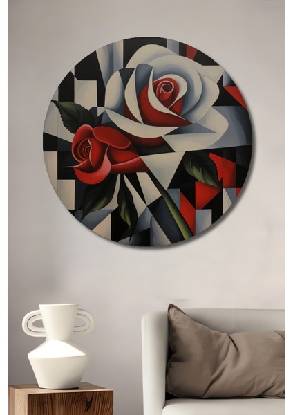 Kırmızı Beyaz Iki Gül Modern Soyut Yağlı Boya Görünümlü Ahşap Dekoratif Tablo Yuvarlak Tablo