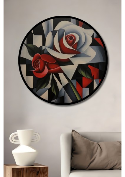 Kırmızı Beyaz Iki Gül Modern Soyut Yağlı Boya Görünümlü Ahşap Dekoratif Tablo Yuvarlak Tablo fiyatları