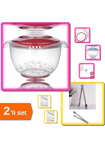 Mikser Kabı 3 Lt Kapaklı + Paslanmaz Mutfak Maşası 27 cm Mangal Barbekü Seti - 2 Ürün A1B2C3