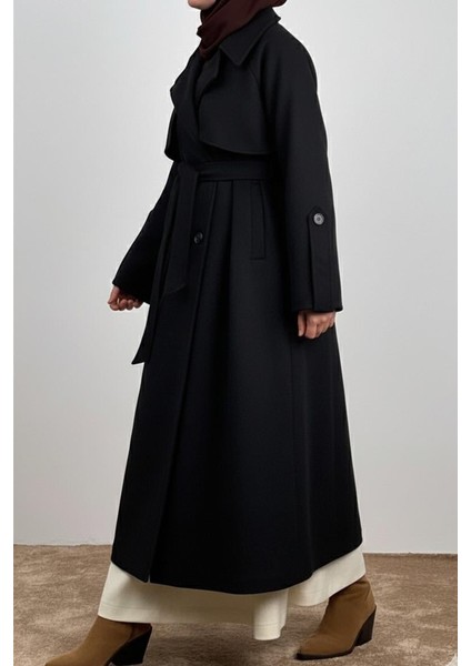 Rüzgarlıklı Kruvaze Kaban - Siyah