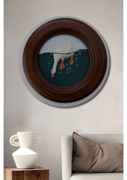 Sulu Boya Görünümlü Tüylü Dost Yumuşak Sanat Ahşap Dekoratif Tablo Yuvarlak Tablo