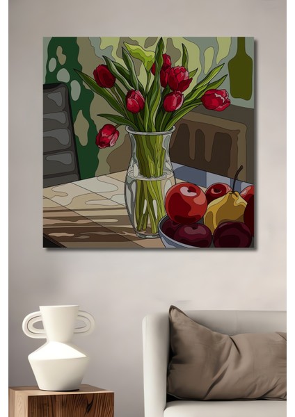 Kırmızı Lale Buketi Sulu Boya Görünümlü Dekoratif Ahşap Tablo Dikdörtgen Tablo