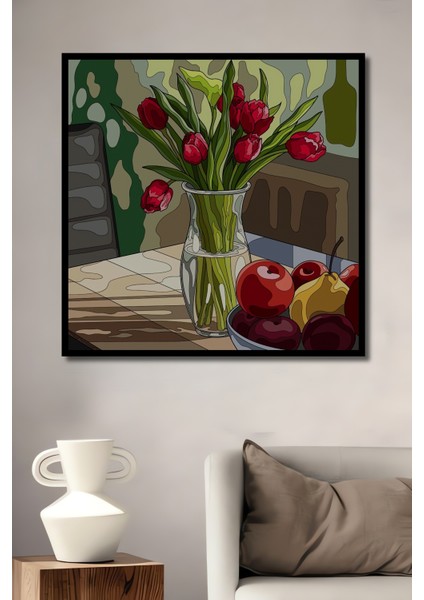 Kırmızı Lale Buketi Sulu Boya Görünümlü Dekoratif Ahşap Tablo Dikdörtgen Tablo fiyatları