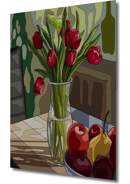 Kırmızı Lale Buketi Sulu Boya Görünümlü Dekoratif Ahşap Tablo Dikdörtgen Tablo modelleri
