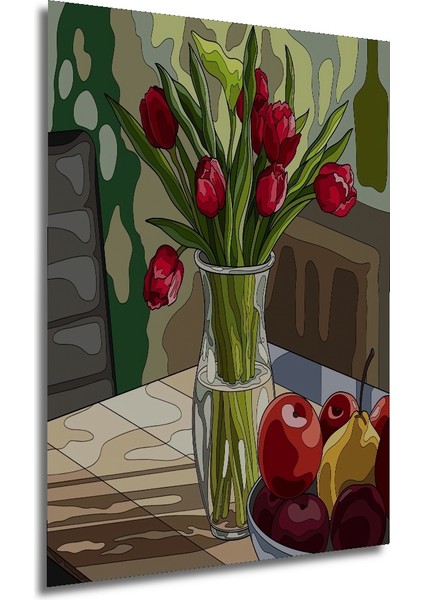 Kırmızı Lale Buketi Sulu Boya Görünümlü Dekoratif Ahşap Tablo Dikdörtgen Tablo fırsatları