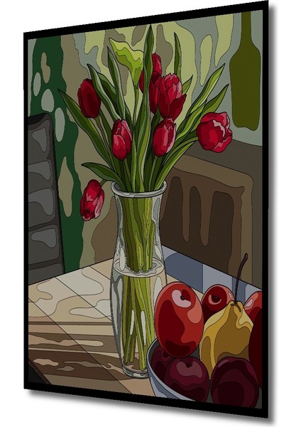 Kırmızı Lale Buketi Sulu Boya Görünümlü Dekoratif Ahşap Tablo Dikdörtgen Tablo indirimleri