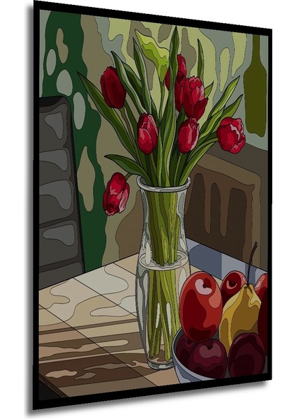 Kırmızı Lale Buketi Sulu Boya Görünümlü Dekoratif Ahşap Tablo Dikdörtgen Tablo