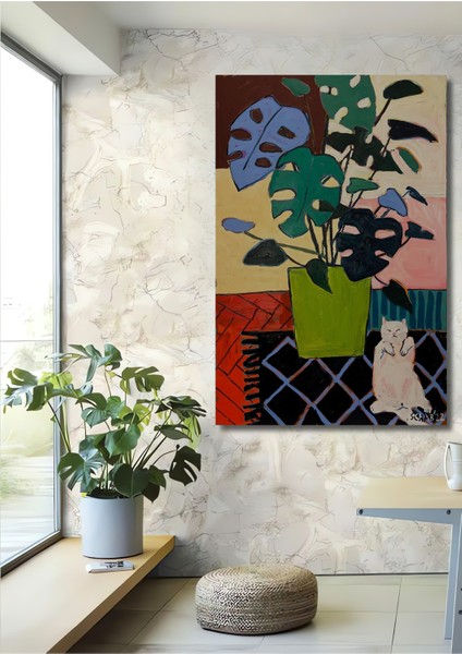 Ahşap Tablo Yağlı Boya Görünümlü Bohem Sanat Kedi ve Bitki Ev Dekorasyonu Duvar Tablosu