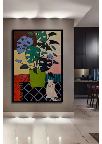 Ahşap Tablo Yağlı Boya Görünümlü Bohem Sanat Kedi ve Bitki Ev Dekorasyonu Duvar Tablosu fiyatları