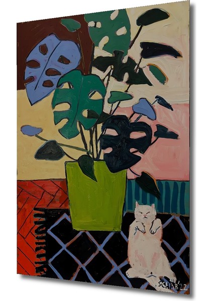 Ahşap Tablo Yağlı Boya Görünümlü Bohem Sanat Kedi ve Bitki Ev Dekorasyonu Duvar Tablosu modelleri