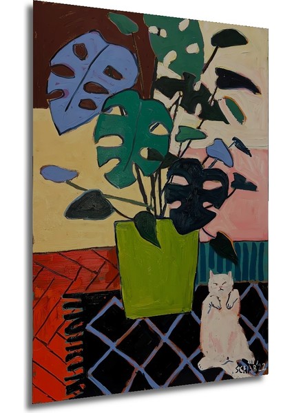 Ahşap Tablo Yağlı Boya Görünümlü Bohem Sanat Kedi ve Bitki Ev Dekorasyonu Duvar Tablosu fırsatları