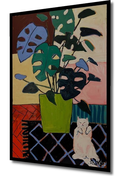 Ahşap Tablo Yağlı Boya Görünümlü Bohem Sanat Kedi ve Bitki Ev Dekorasyonu Duvar Tablosu indirimleri