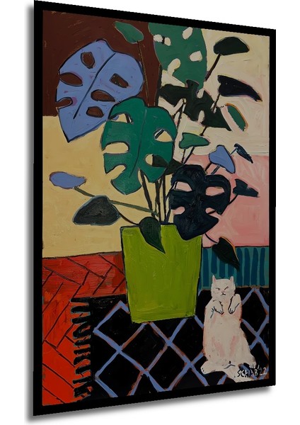 Ahşap Tablo Yağlı Boya Görünümlü Bohem Sanat Kedi ve Bitki Ev Dekorasyonu Duvar Tablosu