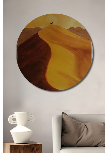 Çölün Sırtında Kara Kalem Görünümlü Ahşap Dekoratif Tablo Yuvarlak Tablo