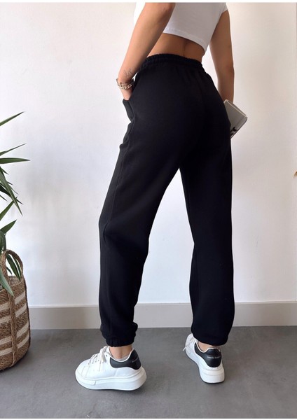 Kadın Siyah Kışlık Kalın Içi Polarlı Yüksek Bel Paçası Lastikli Basic Jogger Eşofman Altı fırsatları