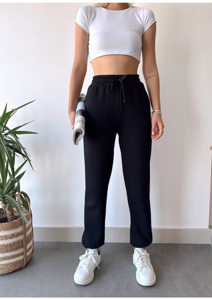 Kadın Siyah Kışlık Kalın Içi Polarlı Yüksek Bel Paçası Lastikli Basic Jogger Eşofman Altı indirimleri
