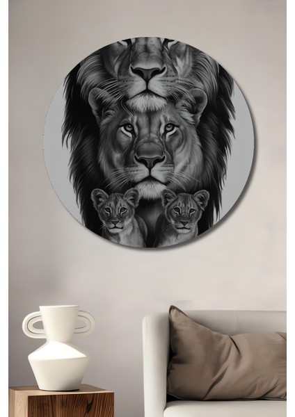 Aslan Ailesi Kara Kalem Görünümlü Soyut Sanat Ahşap Dekoratif Tablo Yuvarlak Tablo