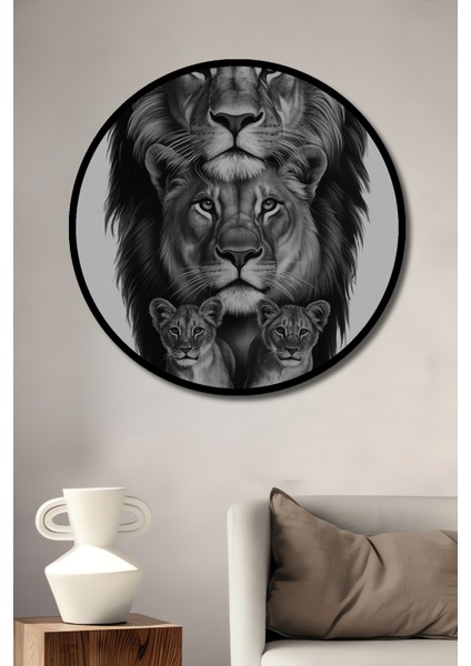 Aslan Ailesi Kara Kalem Görünümlü Soyut Sanat Ahşap Dekoratif Tablo Yuvarlak Tablo fiyatları