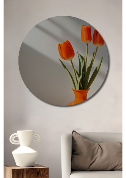 Canlı Portakal Lalesi Yağlı Boya Görünümlü Dekoratif Ahşap Tablo Yuvarlak Tablo