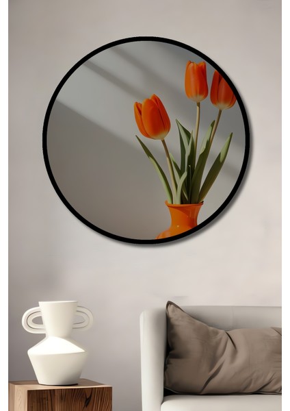 Canlı Portakal Lalesi Yağlı Boya Görünümlü Dekoratif Ahşap Tablo Yuvarlak Tablo fiyatları