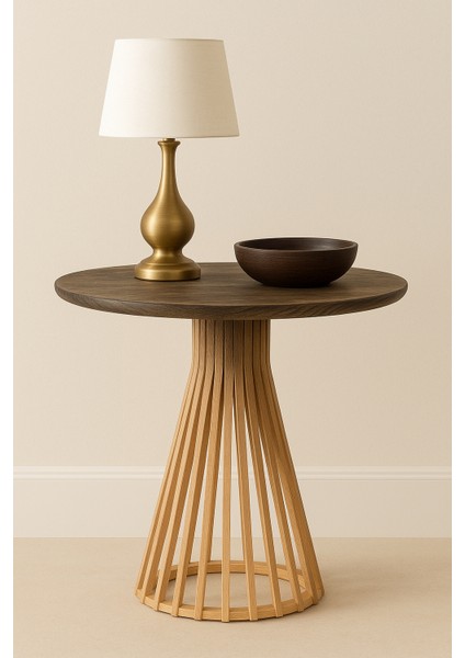 Palermo Yuvarlak Modern Klasik Rustik Retro Vintage Naturel Dekoratif Ahşap Çıtalı Eskitme Iskandinav Yan Orta Mantar Sehpa