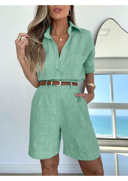 Keten Yazlık Uzun Kol Gömlek Şort Ikili Su Yeşili Takım fırsatları
