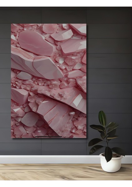 Pembe Kuvars Kristal Yığını Sulu Boya Görünümlü Modern Sanat Dekoratif Ahşap Tablo Dikdörtgen Tablo