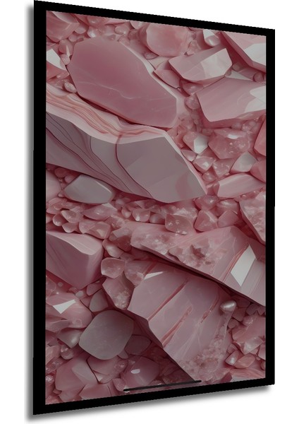 Pembe Kuvars Kristal Yığını Sulu Boya Görünümlü Modern Sanat Dekoratif Ahşap Tablo Dikdörtgen Tablo
