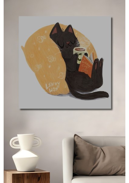 Sevimli Kara Kedi Kitap Kahve Zamanı Sulu Boya Görünümlü Ahşap Dekoratif Tablo Dikdörtgen Tablo