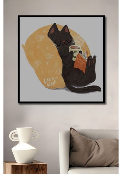 Sevimli Kara Kedi Kitap Kahve Zamanı Sulu Boya Görünümlü Ahşap Dekoratif Tablo Dikdörtgen Tablo fiyatları