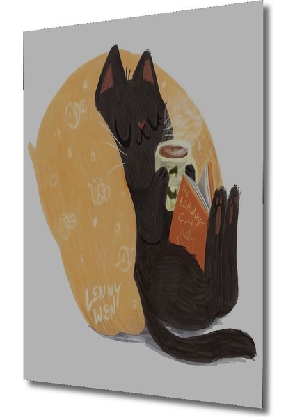 Sevimli Kara Kedi Kitap Kahve Zamanı Sulu Boya Görünümlü Ahşap Dekoratif Tablo Dikdörtgen Tablo modelleri