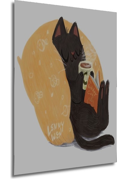 Sevimli Kara Kedi Kitap Kahve Zamanı Sulu Boya Görünümlü Ahşap Dekoratif Tablo Dikdörtgen Tablo fırsatları