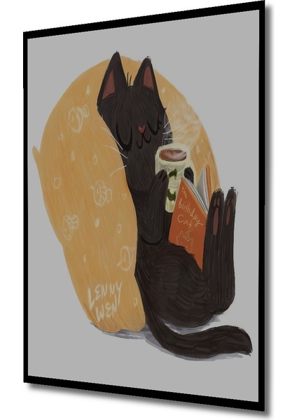 Sevimli Kara Kedi Kitap Kahve Zamanı Sulu Boya Görünümlü Ahşap Dekoratif Tablo Dikdörtgen Tablo indirimleri