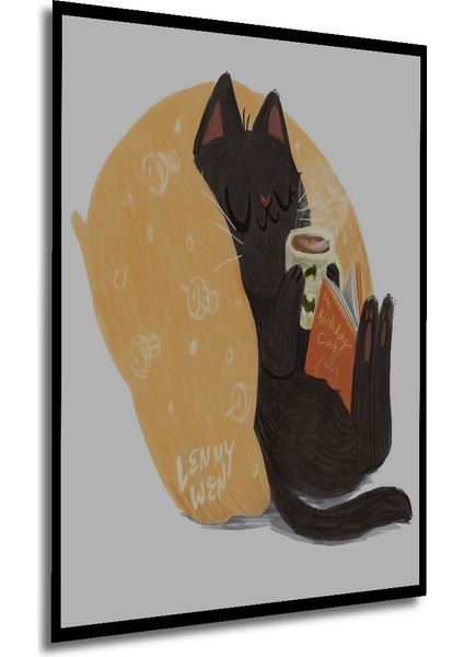 Sevimli Kara Kedi Kitap Kahve Zamanı Sulu Boya Görünümlü Ahşap Dekoratif Tablo Dikdörtgen Tablo