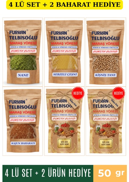 Kajun Baharatı 50GR + Sebzeli Çeşni 50GR + Kişniş Tane 50GR + Nane 50GR + 2 Baharat Hediye
