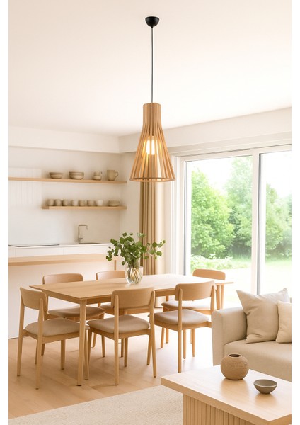 Portofino Yuvarlak Modern Klasik Rustik Retro Vintage Naturel Dekoratif Ahşap Çıtalı Sarkıt Avize