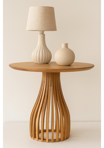 Palermo Yuvarlak Modern Klasik Rustik Retro Vintage Naturel Dekoratif Ahşap Çıtalı Eskitme Iskandinav Yan Orta Mantar Sehpa