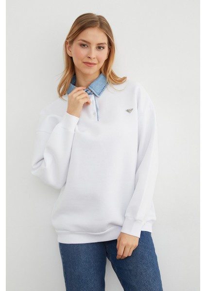 3 Iplik Kot Garnili Metal Aksesuarlı Sweatshirt