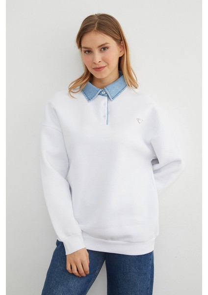 3 Iplik Kot Garnili Metal Aksesuarlı Sweatshirt