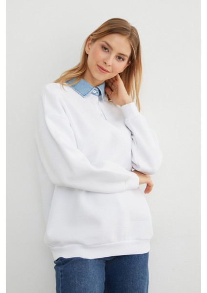 3 Iplik Kot Garnili Metal Aksesuarlı Sweatshirt